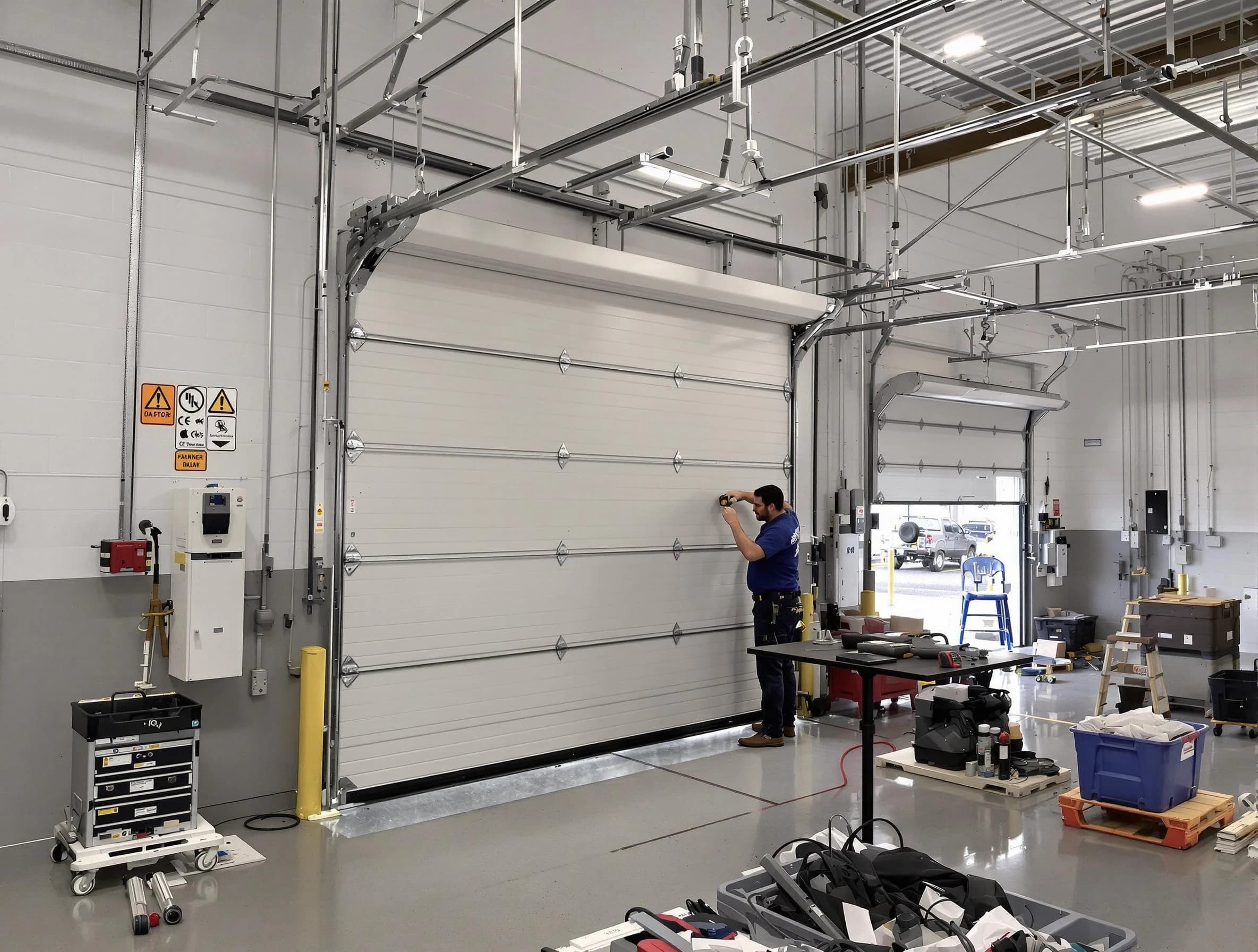 Commercial garage door repair being performed by Spencer Garage Door Repair expert in Spencer