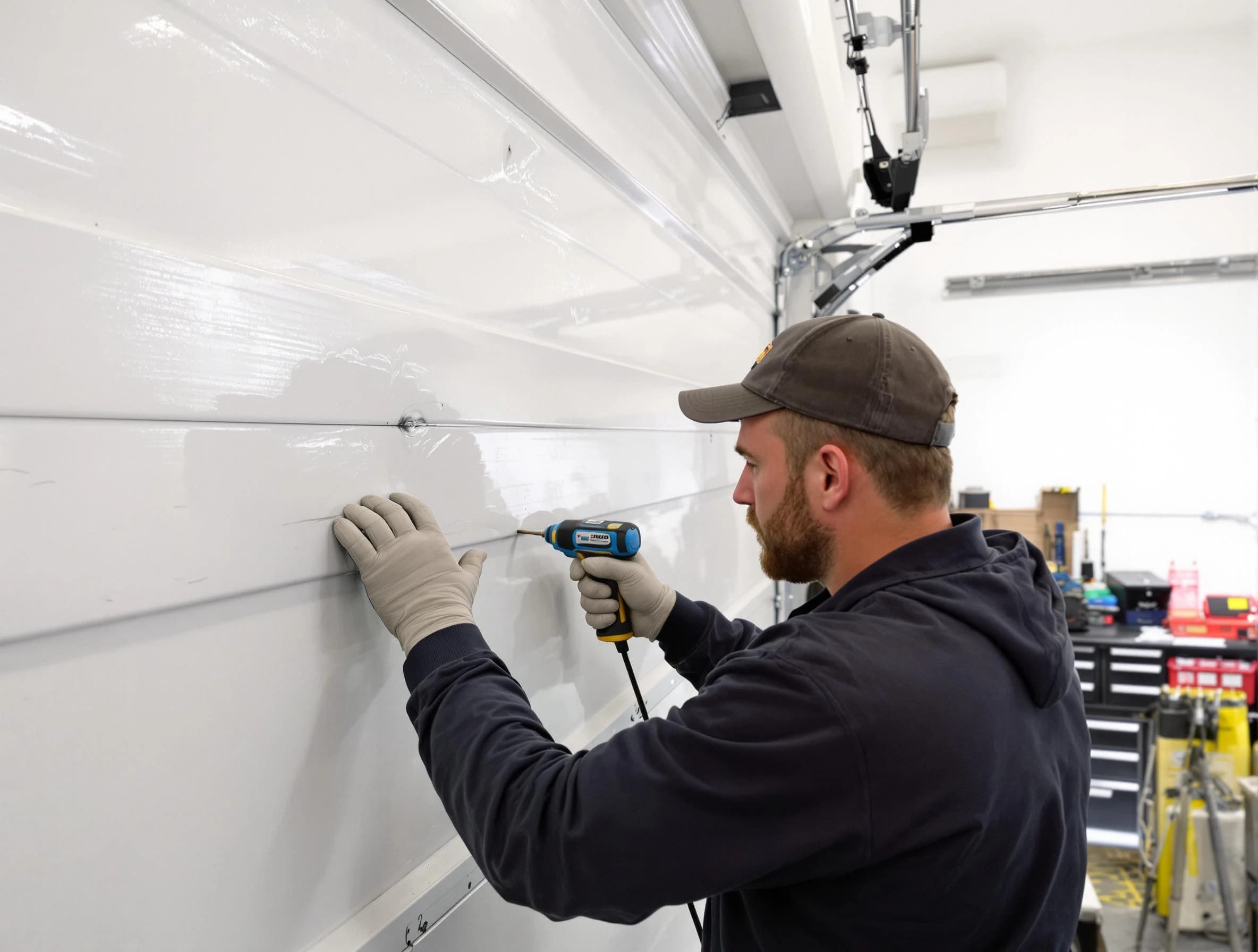 Spencer Garage Door Repair technician demonstrating precision dent removal techniques on a Spencer garage door