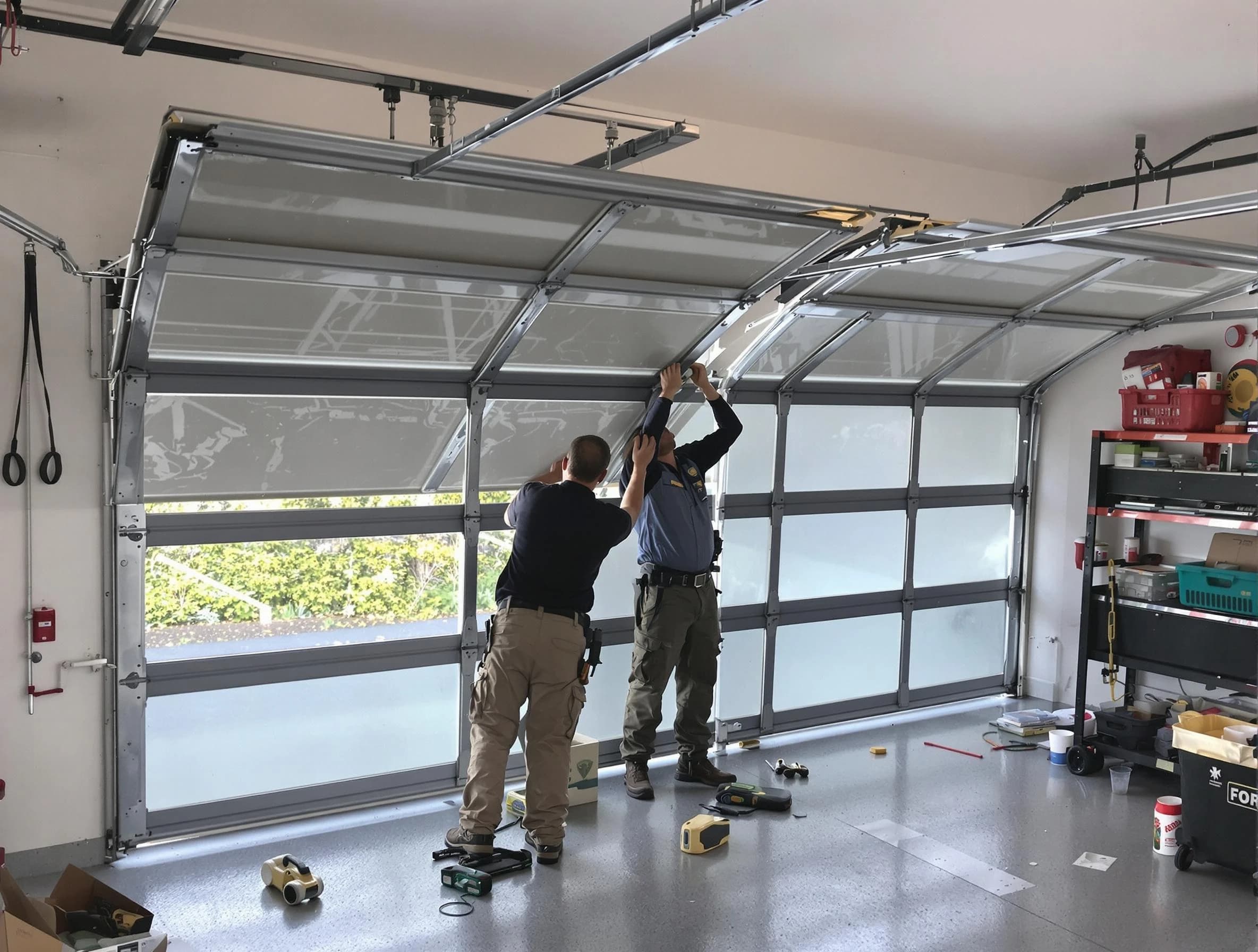 Spencer Garage Door Repair expert performing precise panel replacement on Spencer garage door