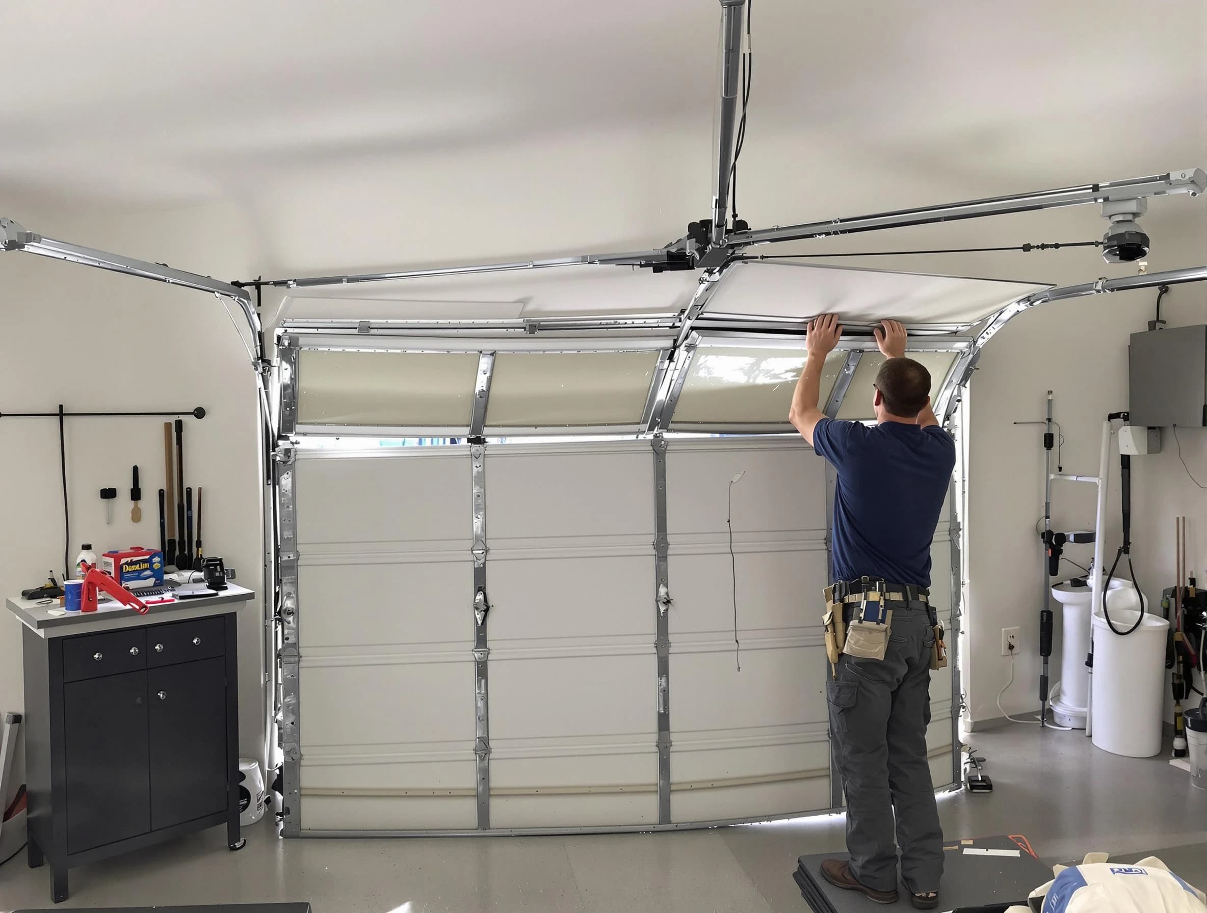 Spencer Garage Door Repair specialist performing precise section replacement on Spencer garage door