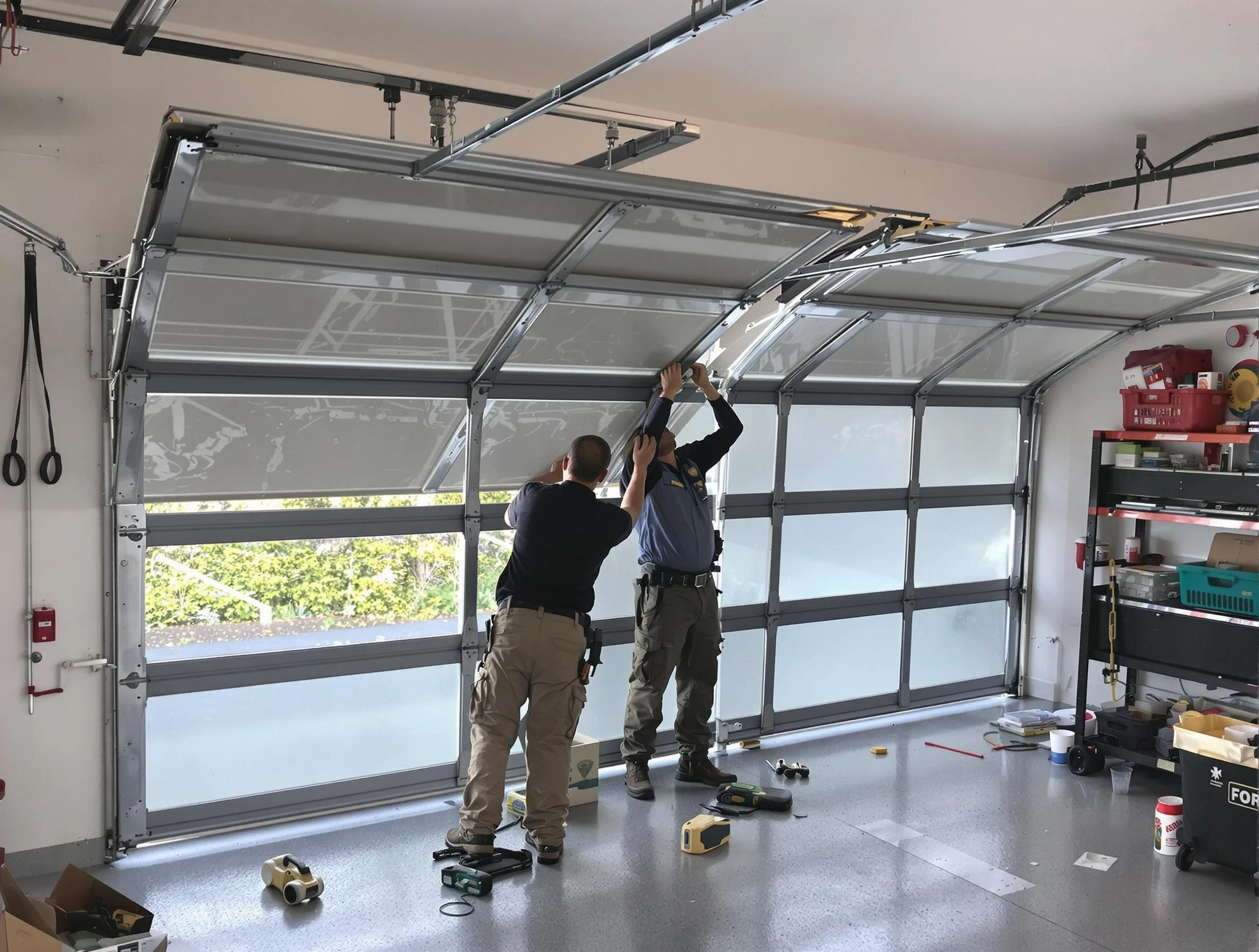 Spencer Garage Door Repair expert performing precise panel replacement on Spencer garage door