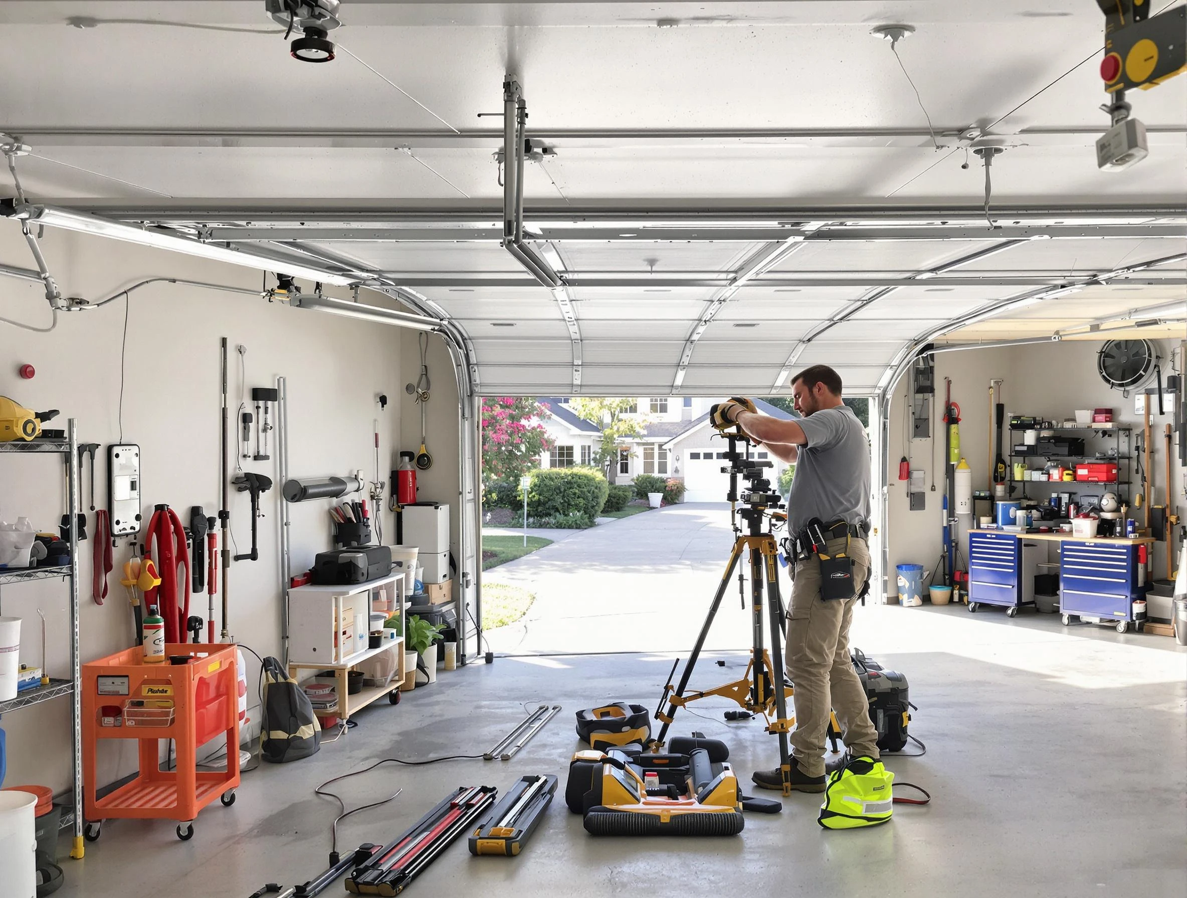 Spencer Garage Door Repair specialist performing laser-guided track alignment in Spencer